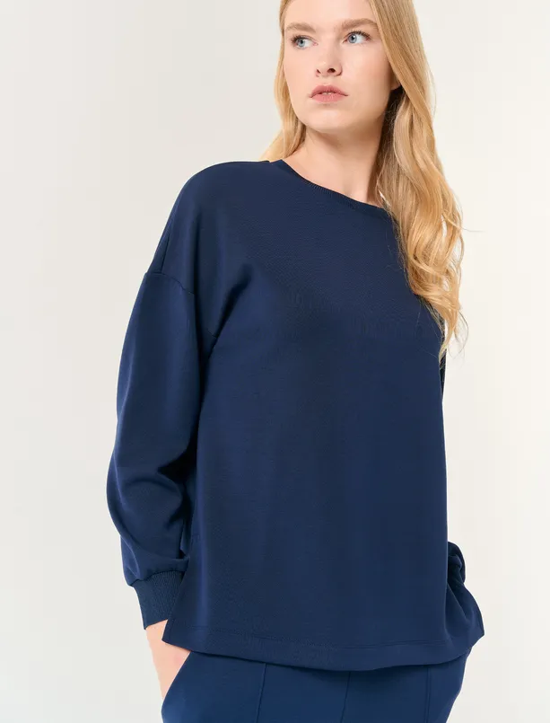 Women Dark Blue Crew Neck Long Sleeve Oversized Sweatshirt