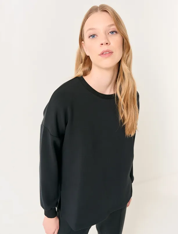 Women Black Crew Neck Long Sleeve Oversized Sweatshirt