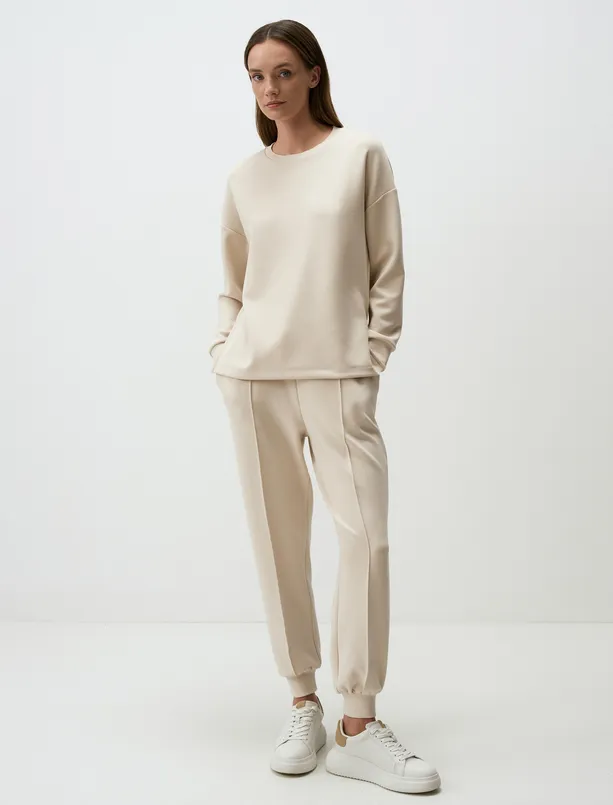 Women Beige Crew Neck Long Sleeve Oversized Sweatshirt