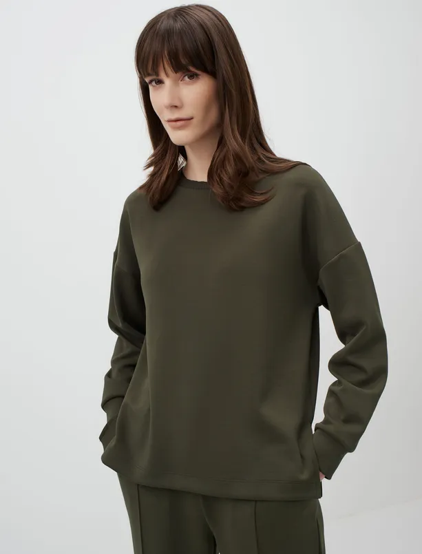 Bayan Haki Uzun Kollu Bisiklet Yaka Oversize Sweatshirt