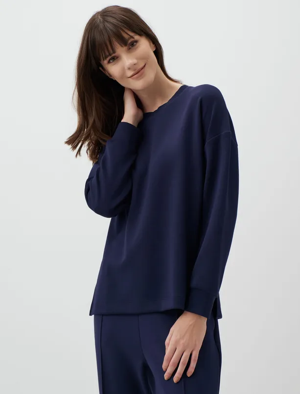 Bayan Lacivert Uzun Kollu Bisiklet Yaka Oversize Sweatshirt
