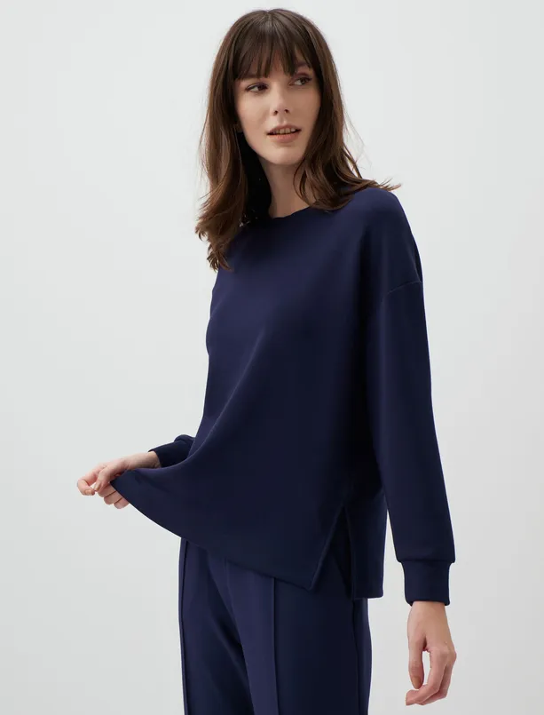 Bayan Lacivert Uzun Kollu Bisiklet Yaka Oversize Sweatshirt