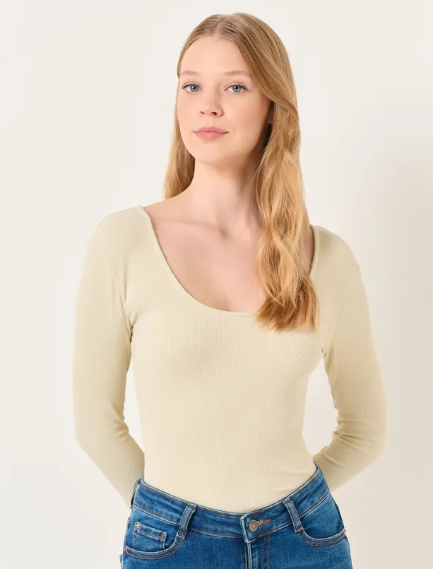 Women Beige U-Neck Truvakar Sleeve Basic T-Shirt