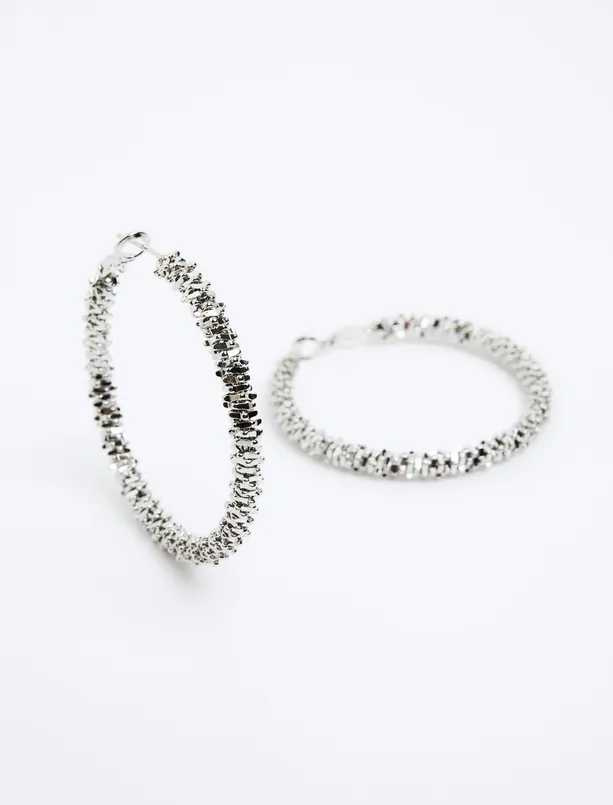 Bayan Gri Parlak Büyük Halka Küpe