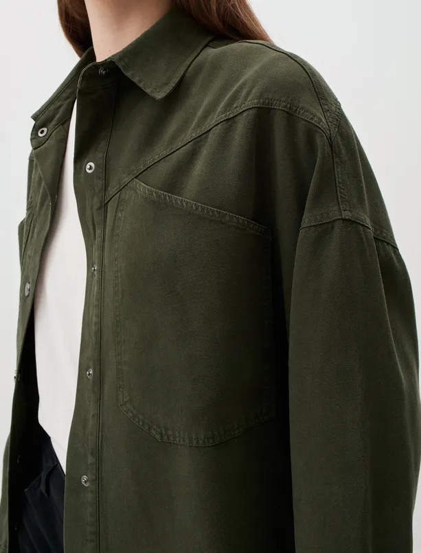 Bayan Yeşil Bol Kesim Uzun Denim Ceket