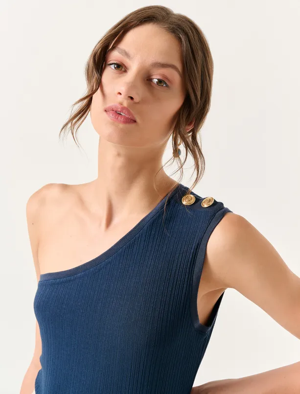 Bayan Lacivert Tek Omuz Detaylı Örme Bluz