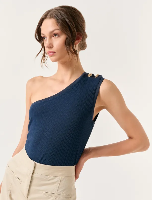 Bayan Lacivert Tek Omuz Detaylı Örme Bluz