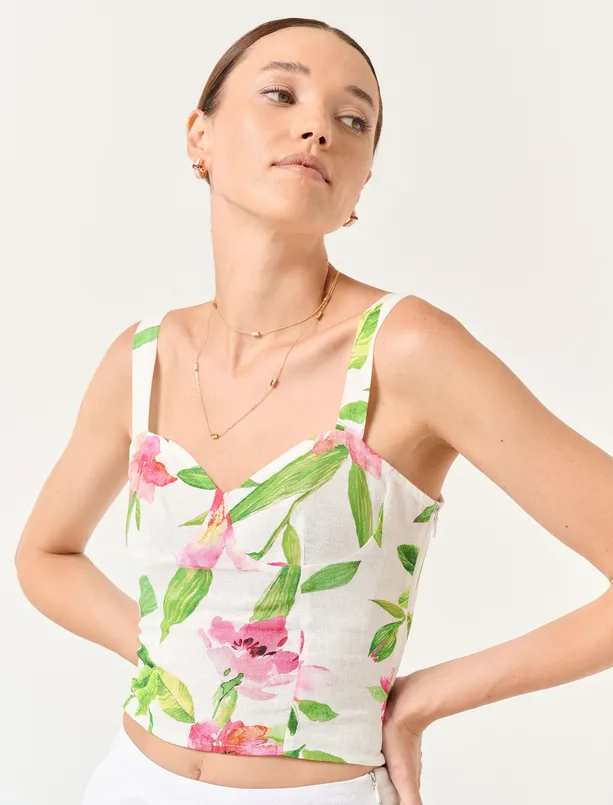 Women Ecru Heart Neck Linen Blouse with Thick Straps