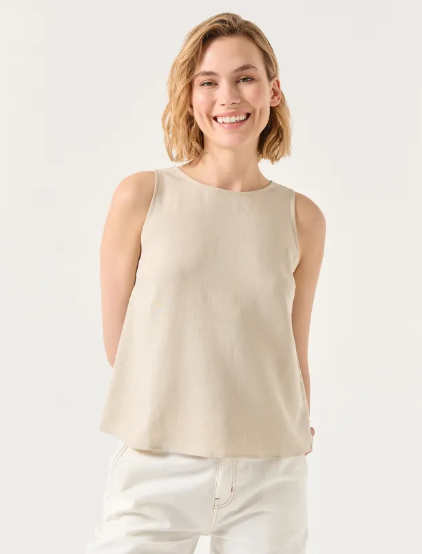 Women Beige Crew Neck Sleeveless Linen Blouse
