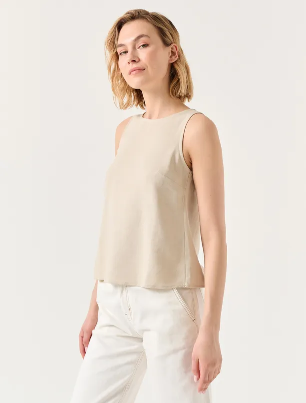 Women Beige Crew Neck Sleeveless Linen Blouse