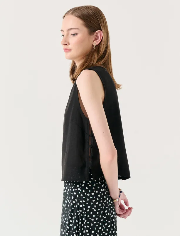 Women Black Loose Fit Crew Neck Sleeveless Linen Blouse