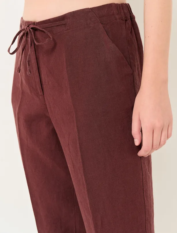 Bayan Kahverengi %100 Keten Normal Paça Normal Bel Pantolon