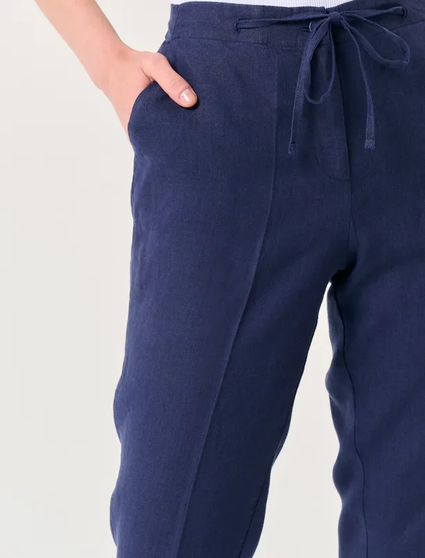 Bayan Lacivert %100 Keten Normal Paça Normal Bel Pantolon