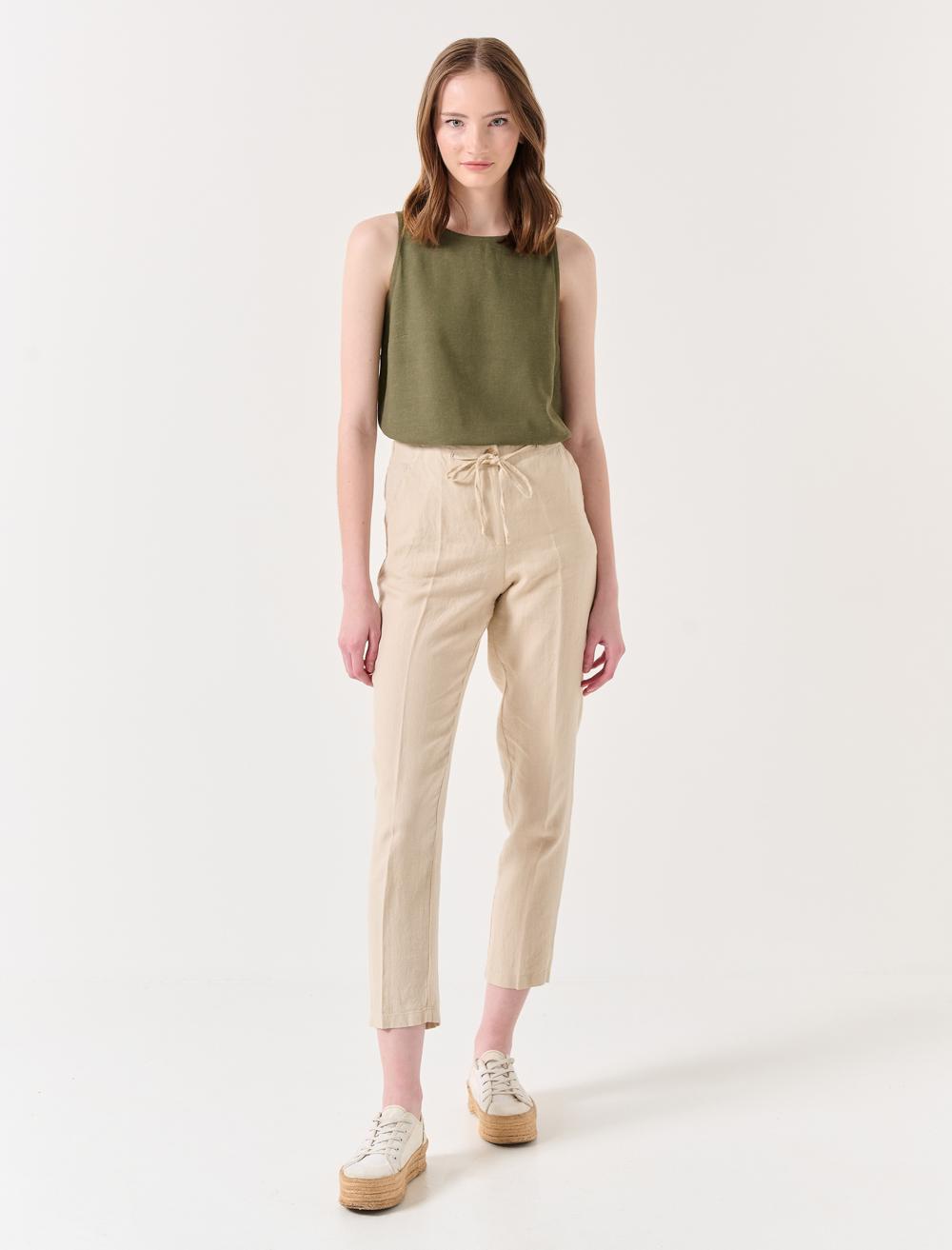 %100 Keten Normal Paça Normal Bel Pantolon