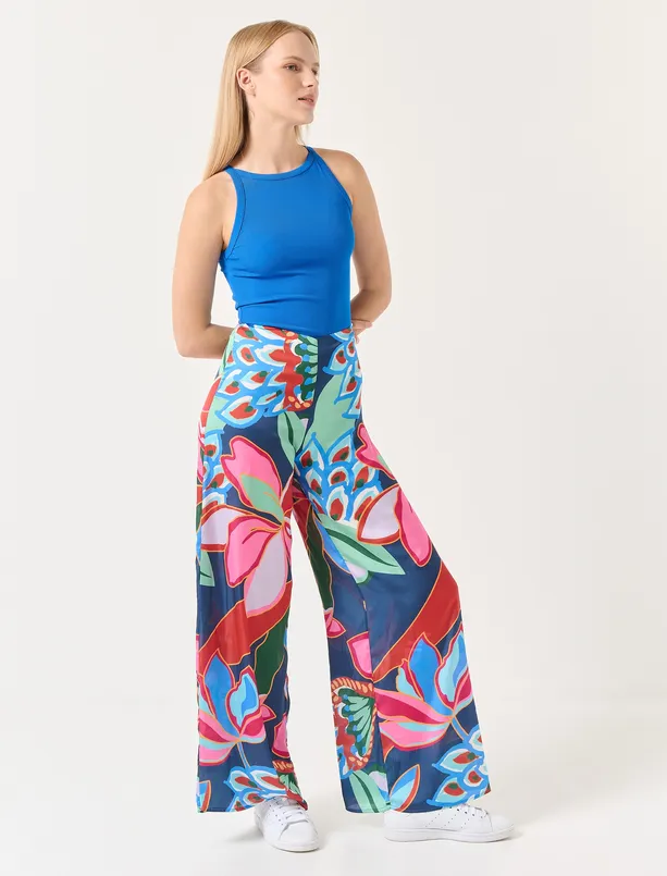 Women Mixed High Waist Wide Leg Floral Satin Pants