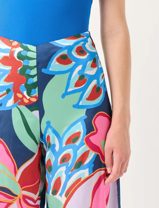Women Mixed High Waist Wide Leg Floral Satin Pants