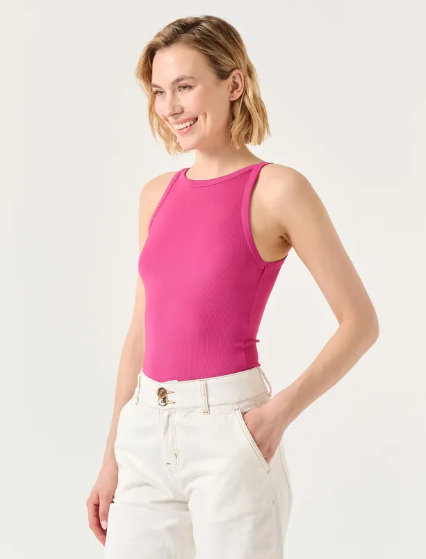 Bayan Pembe Dar Kesim Kolsuz Halter Yaka Basic Örme Atlet