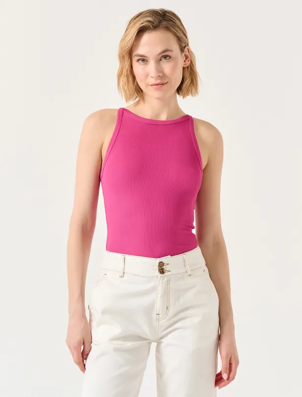 Bayan Pembe Dar Kesim Kolsuz Halter Yaka Basic Örme Atlet