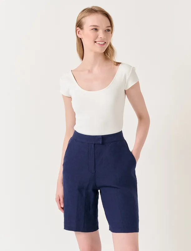 Women Dark Blue High Waist Linen Shorts