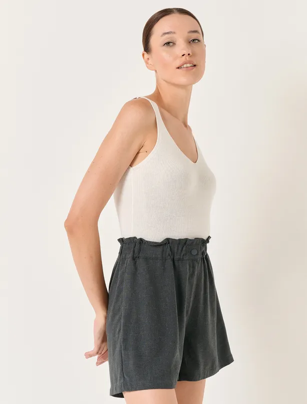 Women Anthracite Loose Fit High Waist Plain Linen Shorts