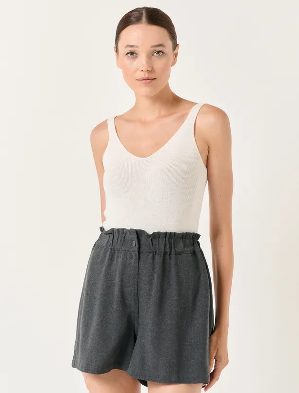 Women Anthracite Loose Fit High Waist Plain Linen Shorts