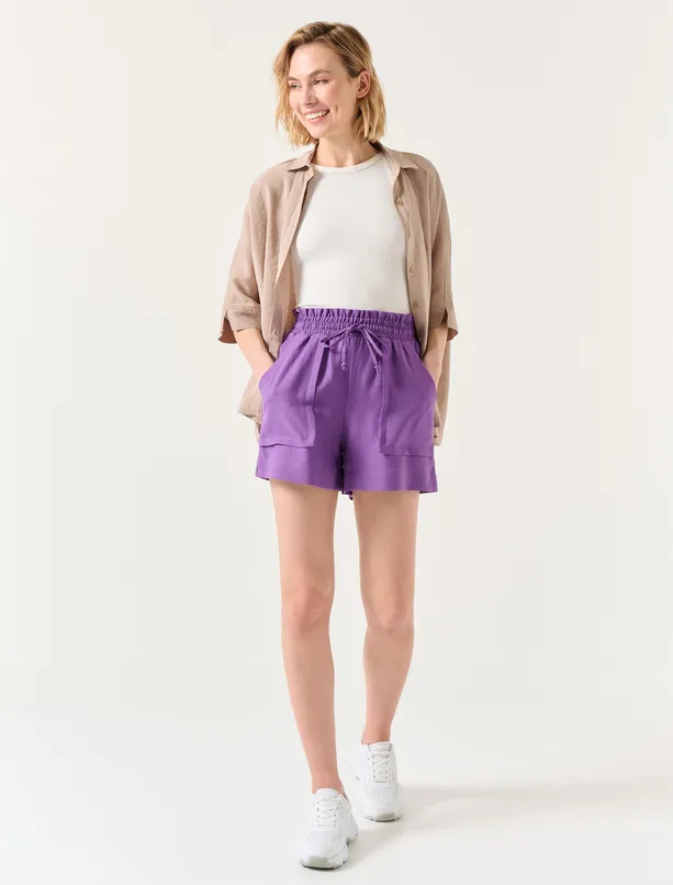 Women Purple High Waist Linen Shorts with Elastic Waistband and Ties