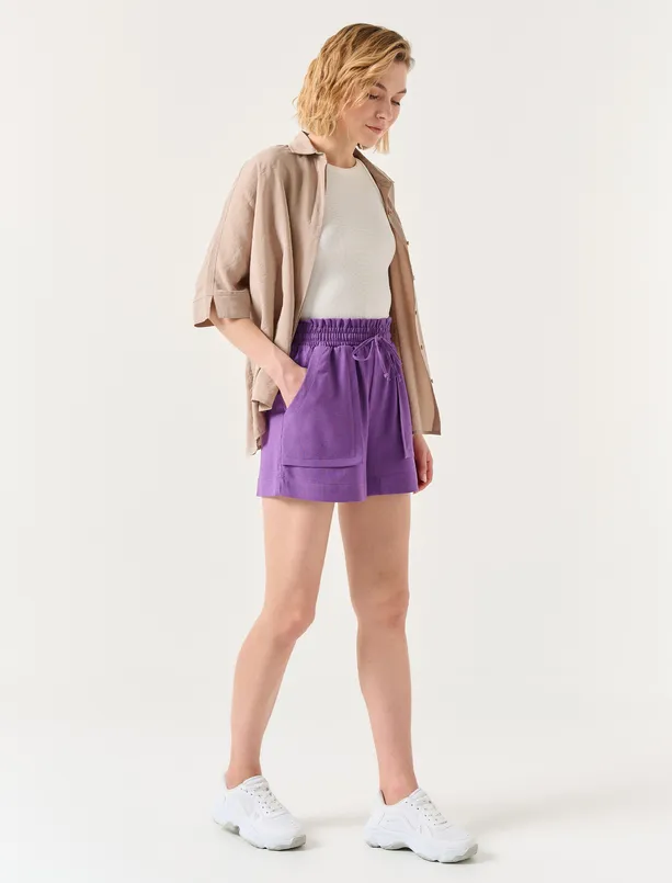Women Purple High Waist Linen Shorts with Elastic Waistband and Ties