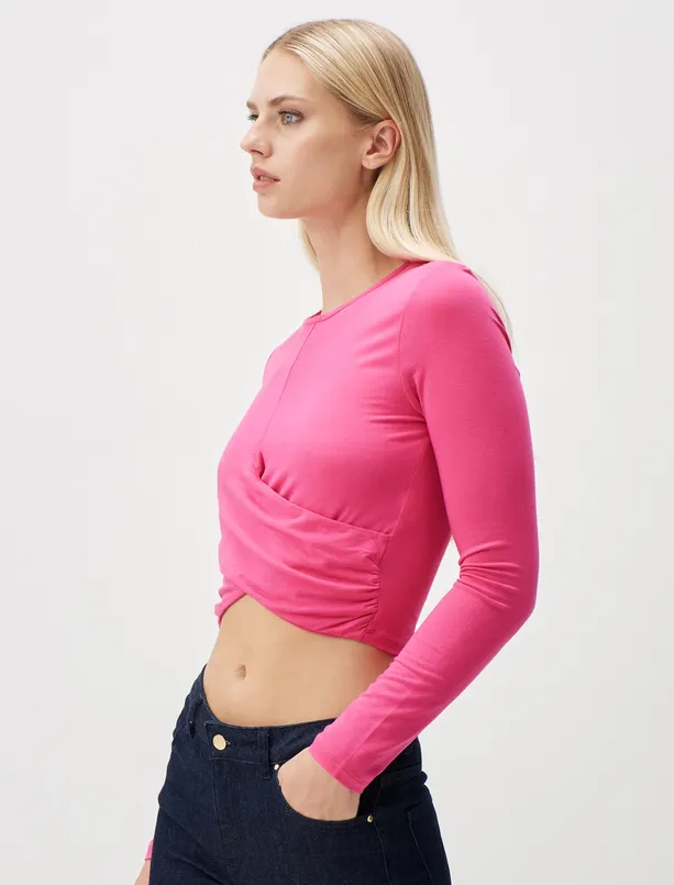 Bayan Pembe Uzun Kollu Bisiklet Yaka Crop Bluz