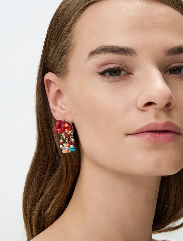 Bayan Turuncu Karışık Doğal Taşlı Küpe