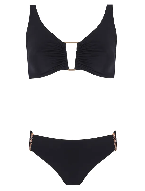 Women Black  Accessory Detailed Shirred Bikini Set