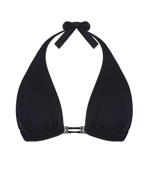 Women Black Neck Tie Bikini Top with Accessory Detail