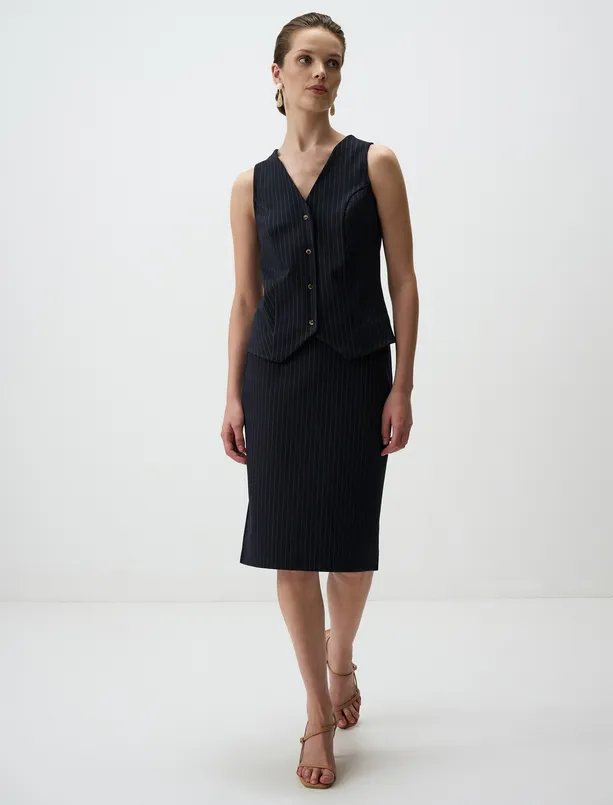 Bayan Lacivert V Yaka Kolsuz Çizgili Yelek