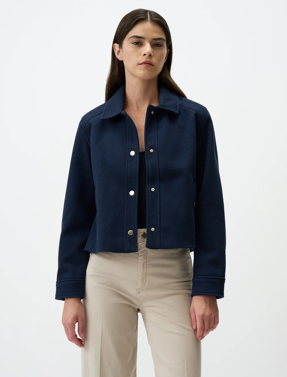 Lacivert Uzun Kollu Çıt Çıt Detaylı Kaşe Ceket