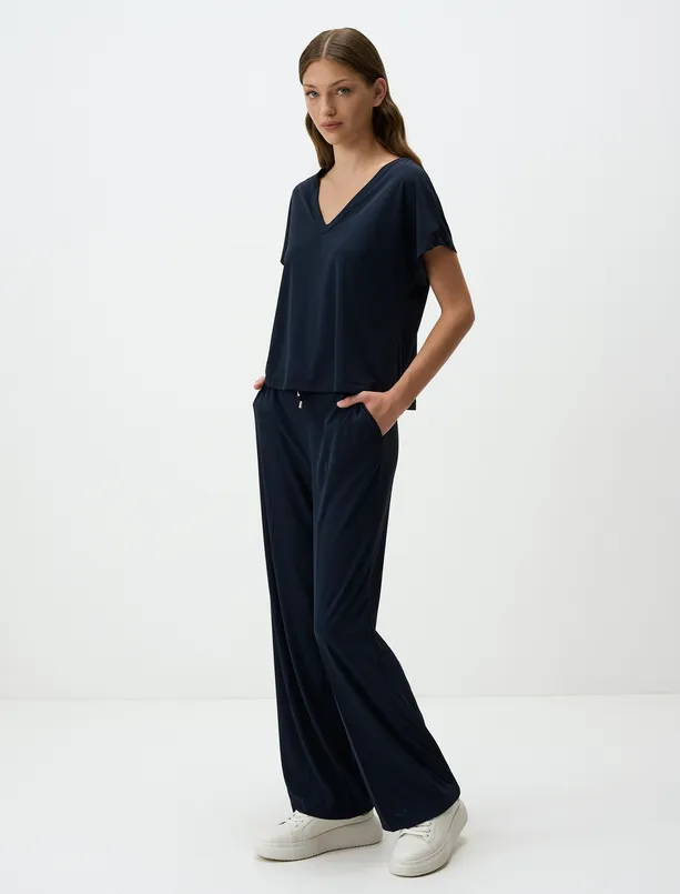 Women Dark Blue High Waist Wide Leg Jogger Pants with Pockets