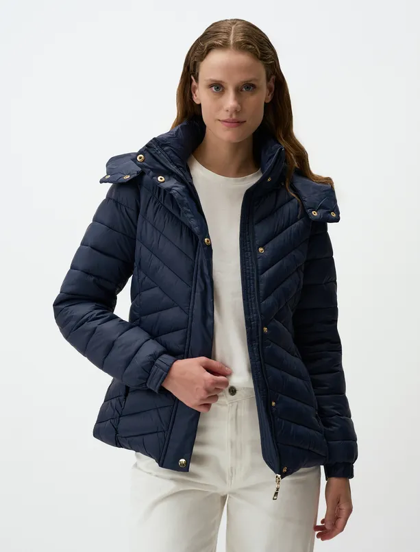 Women Dark Blue Slim Fit Hooded Quilted Inflatable Coat