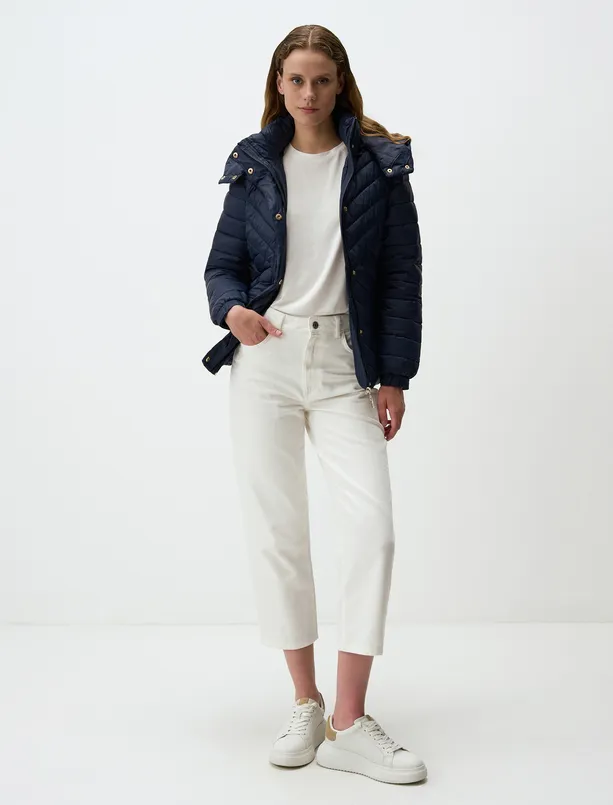 Women Dark Blue Slim Fit Hooded Quilted Inflatable Coat