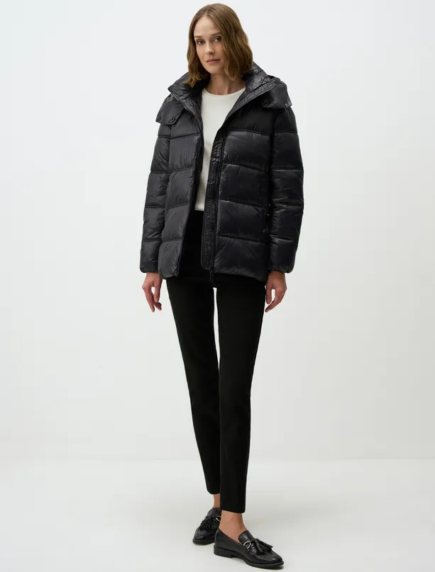 Women Black Long Sleeve Hooded Puff Coat
