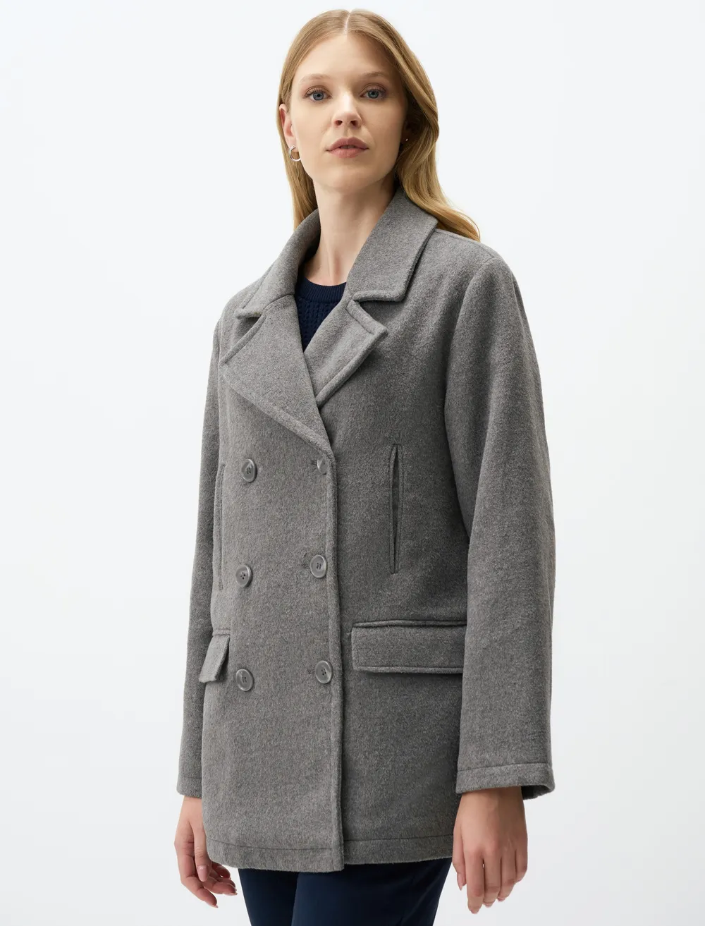Short Cashmere Woolen Coat with Button Detail