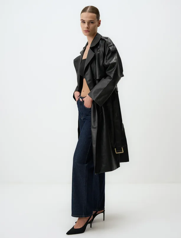 Bayan Siyah Kruvaze Yaka Dar Kesim Uzun Deri Trençkot