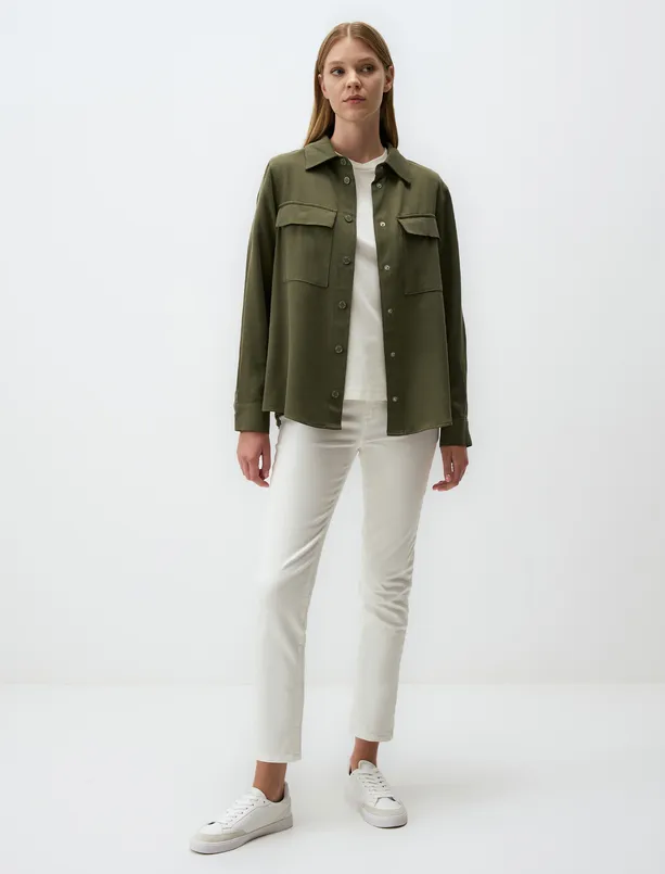 Women Haki Straight Cut Shirt Jacket with Pocket Detail