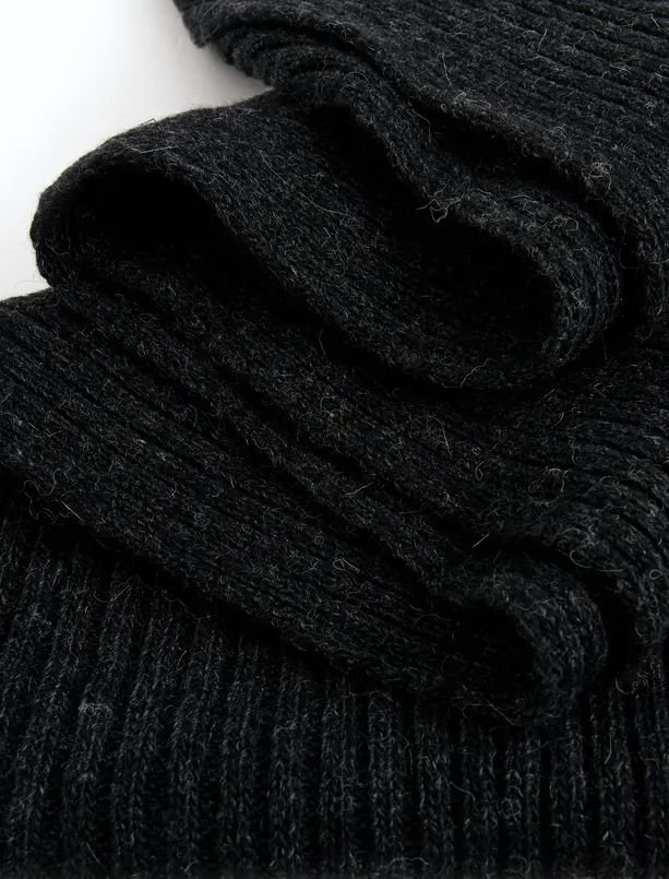 Women Anthracite Melange Line Patterned Wool Scarf