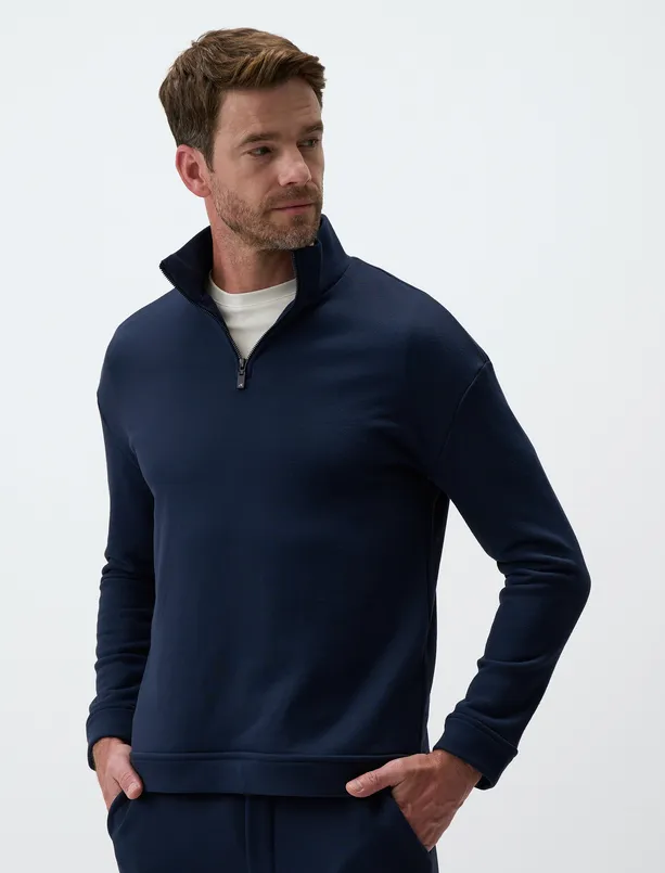 Women Dark Blue Zippered Collar Straight Cut Mens Sweatshirt