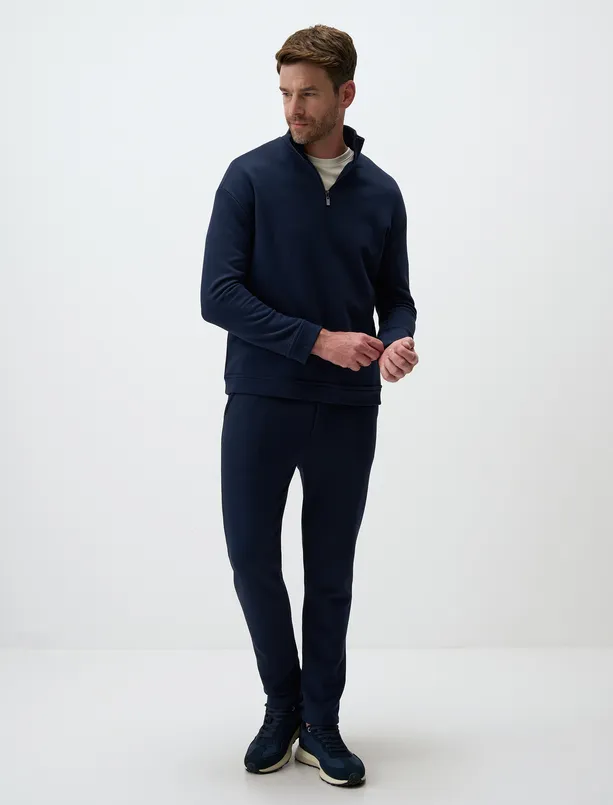 Women Dark Blue Zippered Collar Straight Cut Mens Sweatshirt