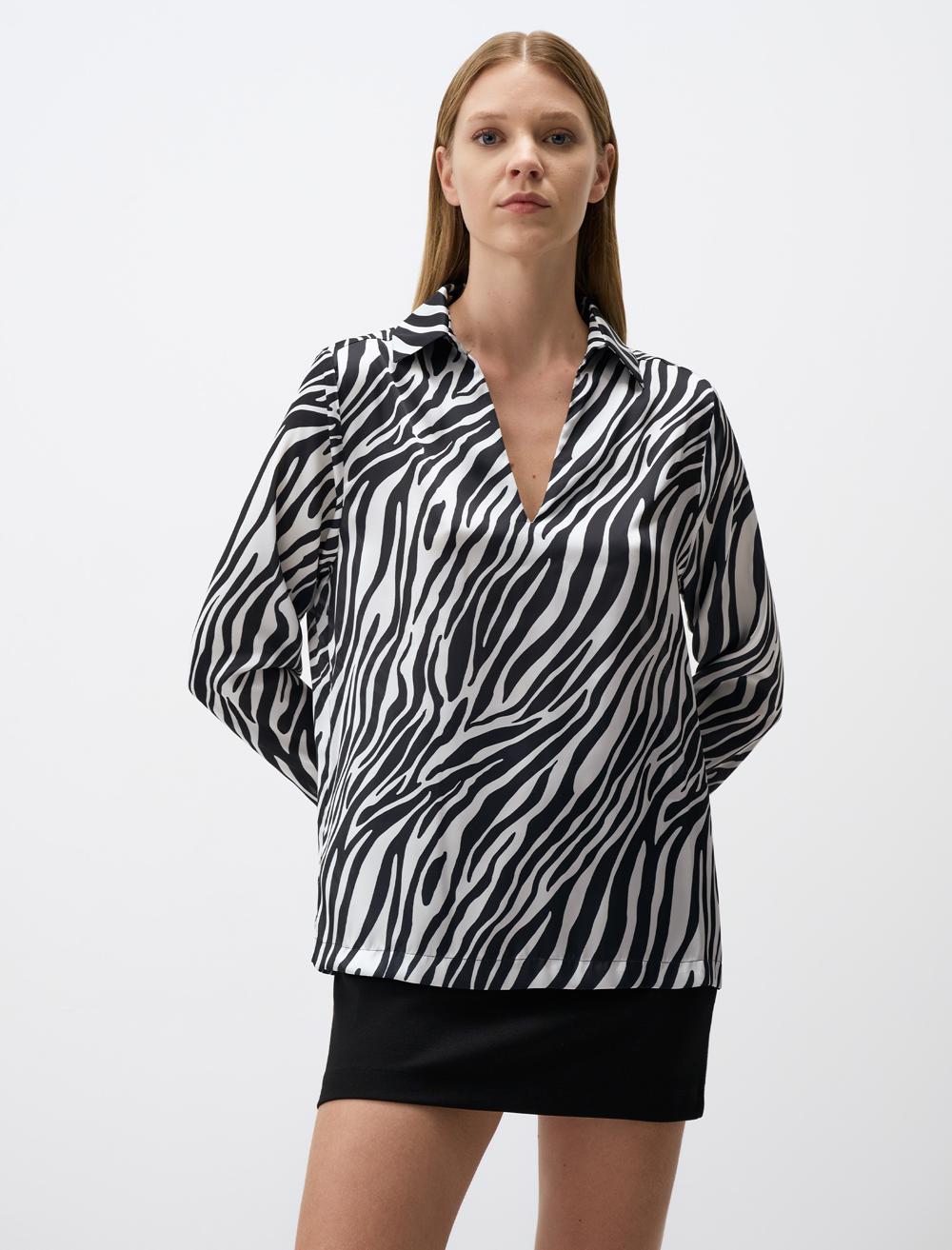 Polo Yaka Uzun Kollu Saten Bluz