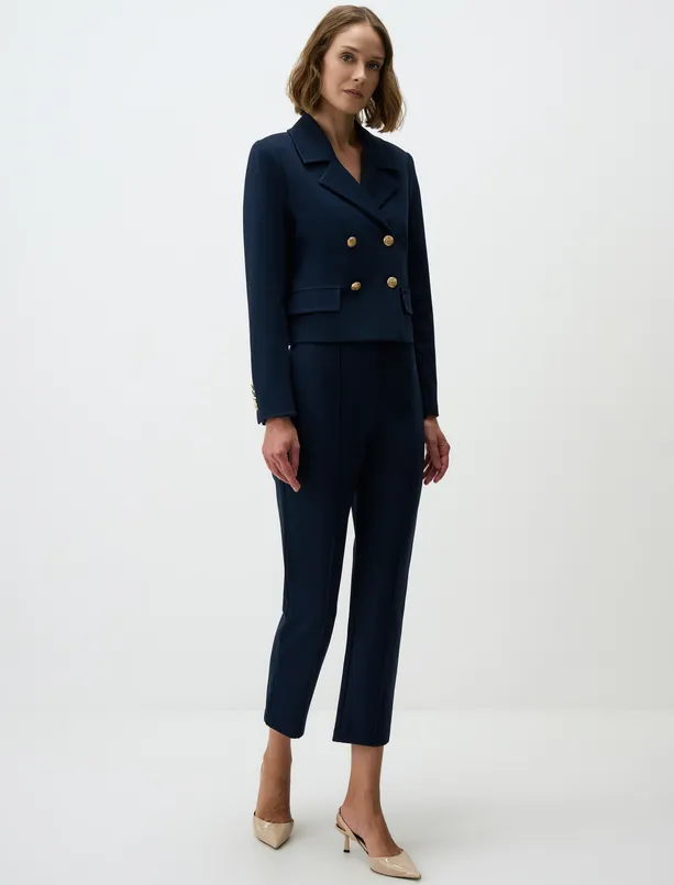 Women Dark Blue Long Sleeve Short Knitted Jacket with Button Detail