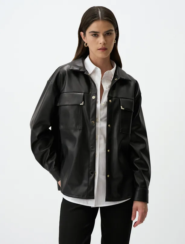 Women Black Long Sleeve Leather Shirt Jacket with Pocket Detail