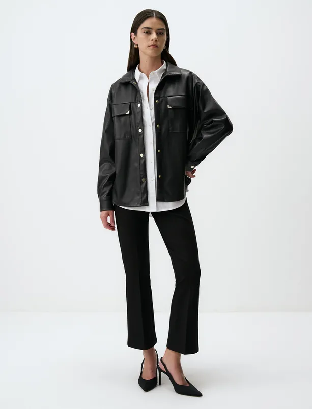 Women Black Long Sleeve Leather Shirt Jacket with Pocket Detail