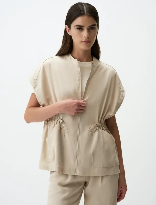 Women  Loose Fit Open Collar Waist Elasticized Gabardine Vest
