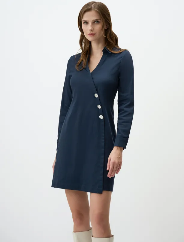 Women Dark Blue Woven Mini Dress with Anvelop Collar Button Detail