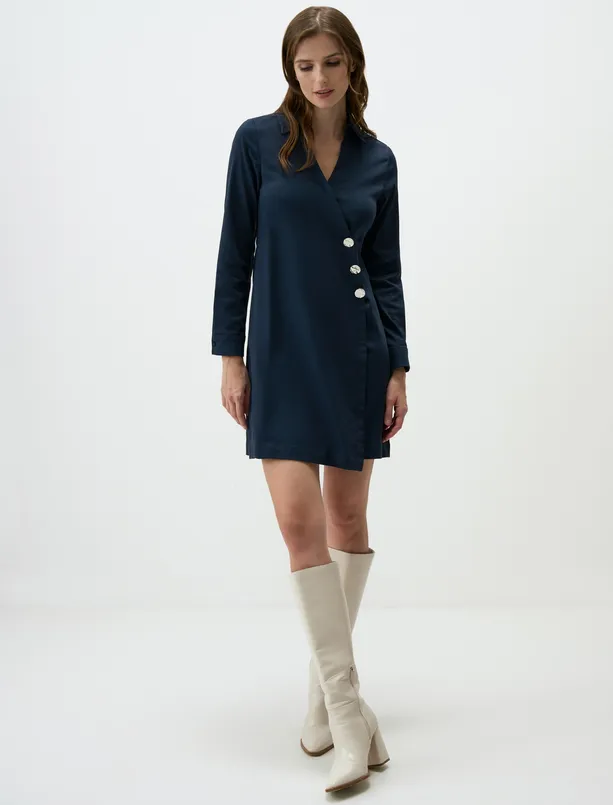 Women Dark Blue Woven Mini Dress with Anvelop Collar Button Detail